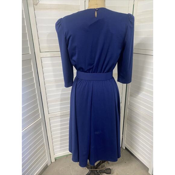 Vtg 80s Whirlaway Frocks Navy 3/4 Sleeves Pleated Belted Fit & Flare Dress Sz 10 - Picture 7 of 10